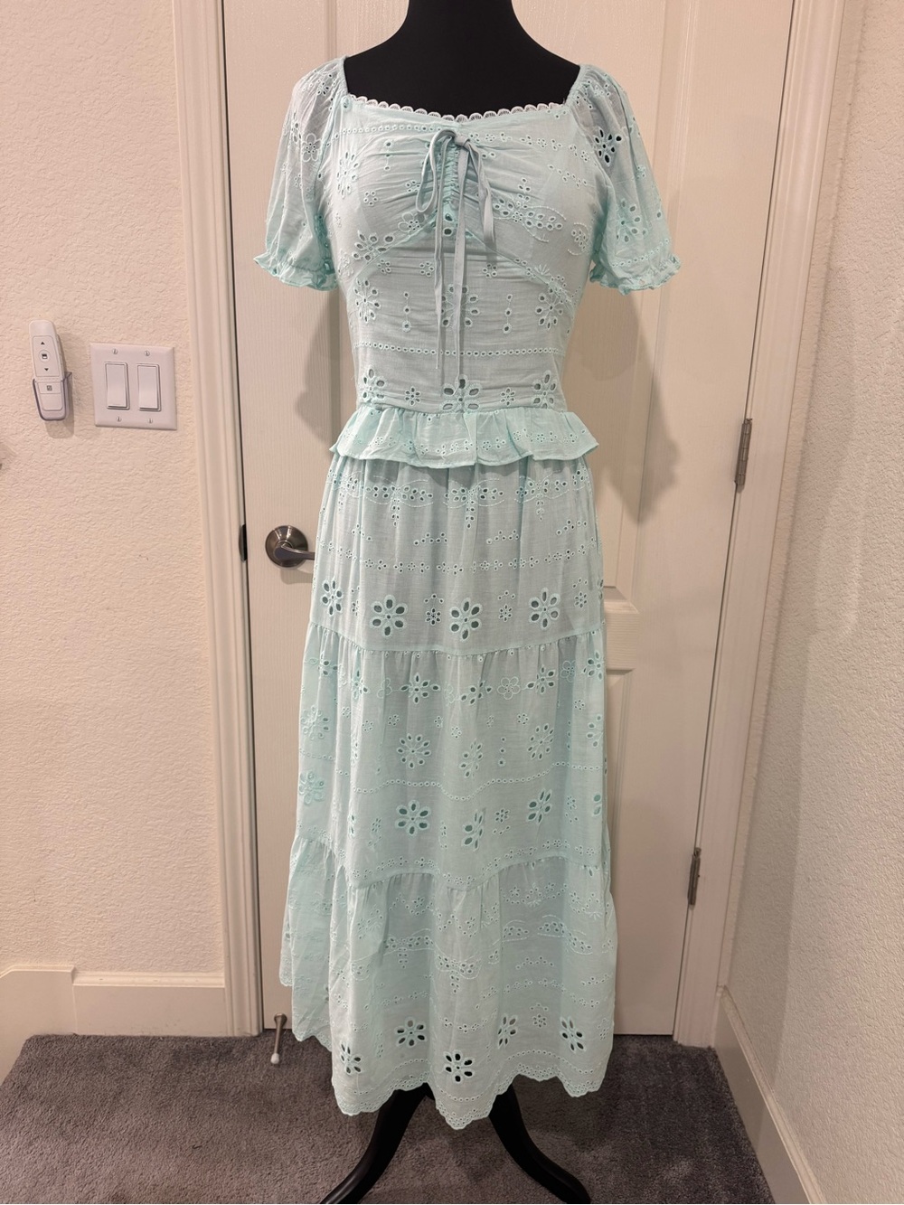 Sea Foam Green Eyelet Peplum 2-Piece Maxi Dress